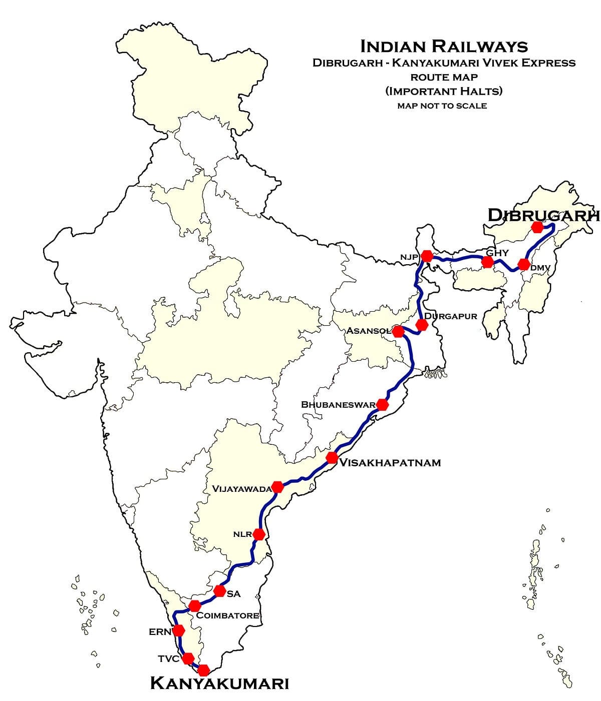भारत के नक्शे में सबसे लंबा रेल मार्ग