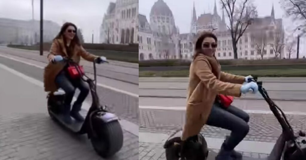 बुडापेस्ट में हंसिका मोटवानी को ई-स्कूटर की सवारी करते देखा गया