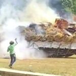 The driver hit the brakes of a burning truck loaded with straw!
