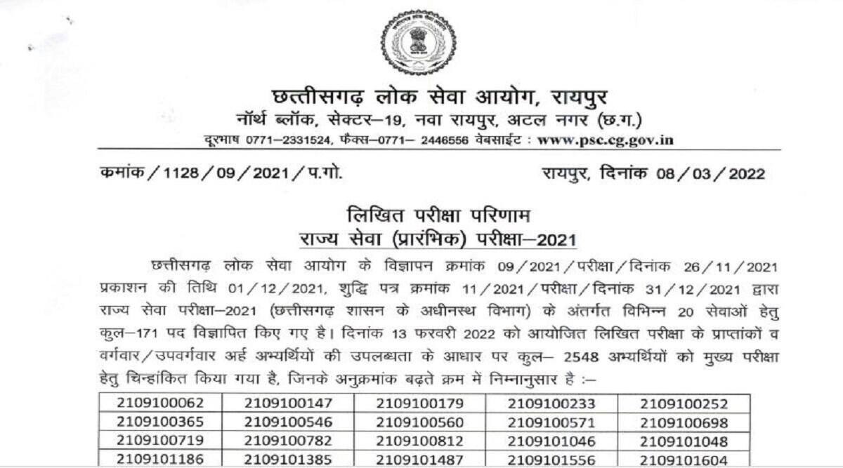 CGPSC State Service Result 2022, cgpsc sse prelims 2021 result,cgpsc sse result 2022