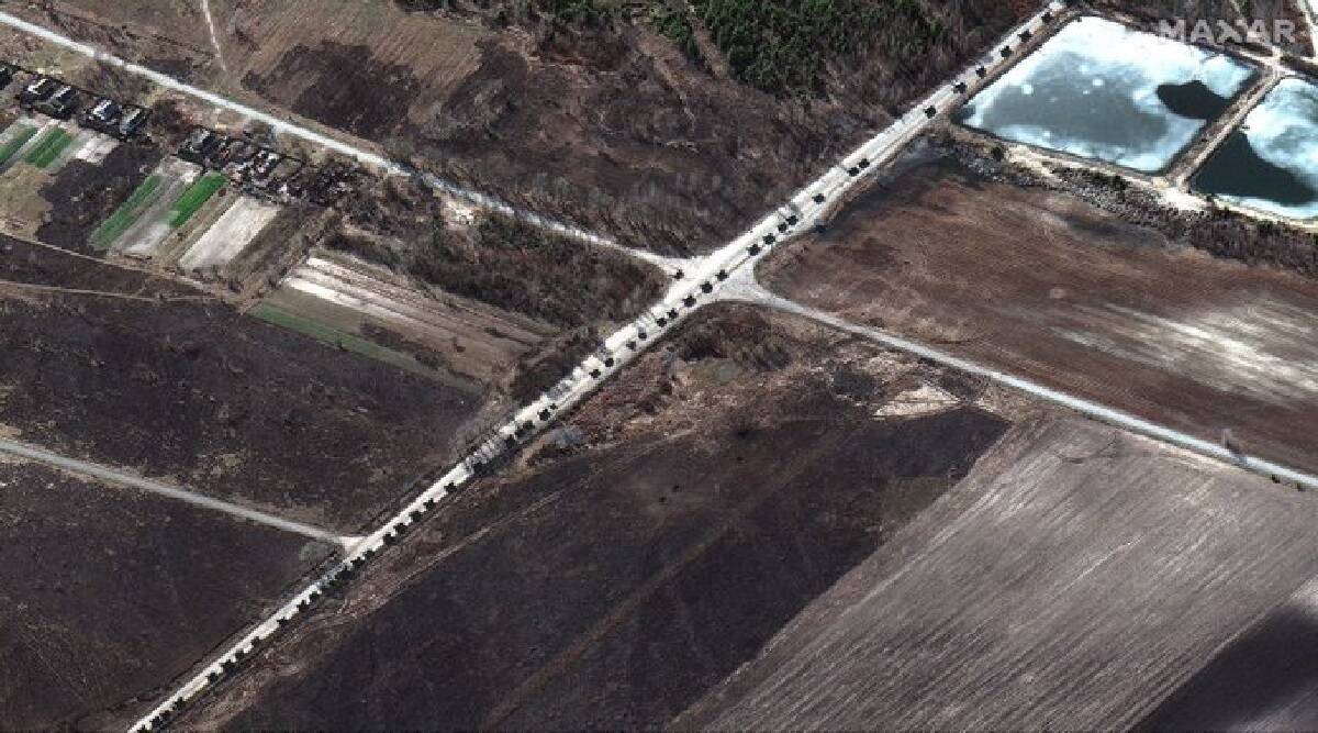 Ukraine, Russia, Russian president Putin, Catastrophe, 64 km, Russian army, Capital of Ukraine, Satellite image, American company