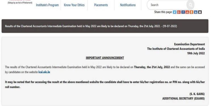 CA Intermediate Result 2022 declared on July 21 at icai.nic.in how to check