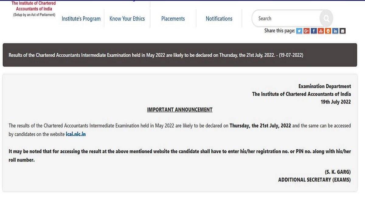 CA Intermediate Result 2022 declared on July 21 at icai.nic.in how to check