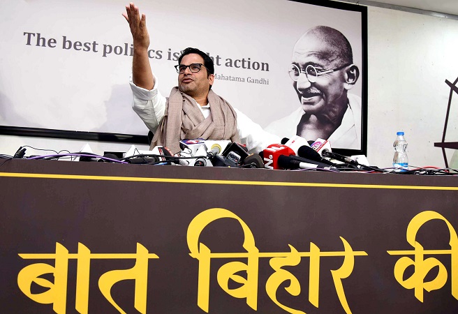 Indian political strategist Prashant Kishor gestures during a press conference