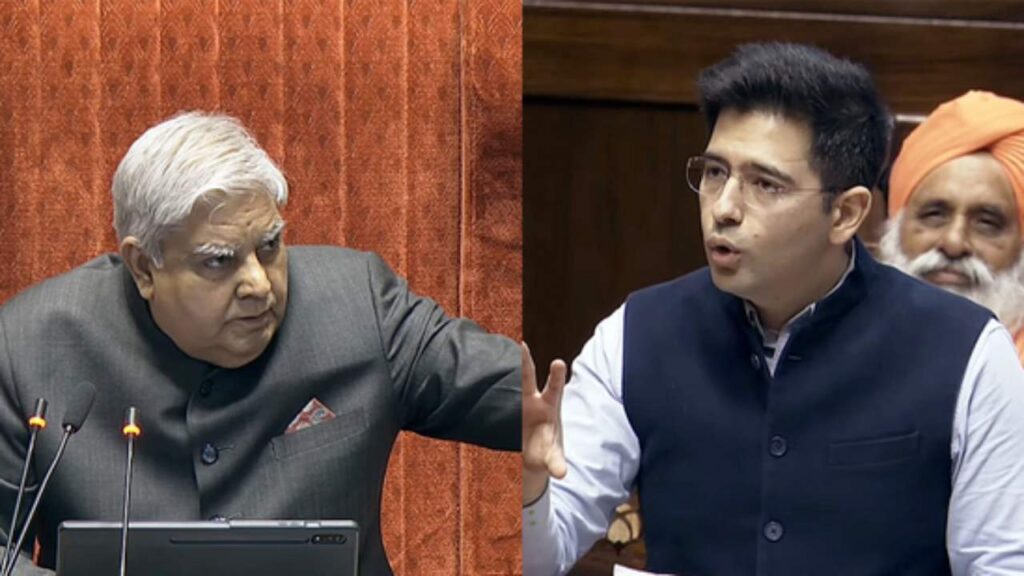 Raghav Chadha and Jagdeep Dhankar | Aap Leader Raghav Chadha, Rajya Sabha Speaker Jagdeep Dhankar | Heated Argument Between Raghav Chadha and Jagdeep Dhankar | Donald Trump | Donald Trump's Tarrif Effect on India | News Track Hindi News | Latest Update Hindi Samachar | Speaker Jagdeep Dhankhar and AAP MP Raghav Chadha's noises, asked why you are so obsessed? , News Track in Hindi