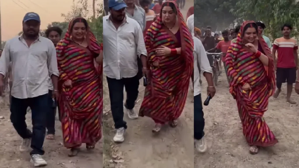 Amrapali Dubey dusted in the marun color Sadia once again, the actress shared BTS video from the shooting set
