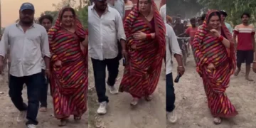 Amrapali Dubey dusted in the marun color Sadia once again, the actress shared BTS video from the shooting set