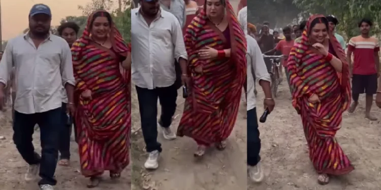 Amrapali Dubey dusted in the marun color Sadia once again, the actress shared BTS video from the shooting set