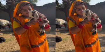 Kajal Raghavani looted innocent goat child, caressed in lap