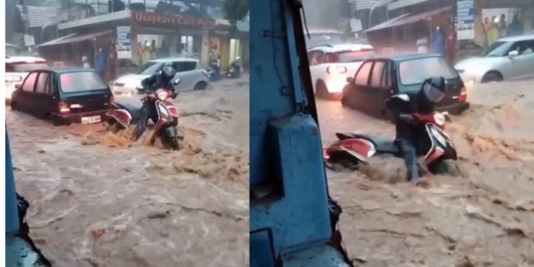 Rain havoc in Goa, man fell into a drain with scooty in strong flow, video surfaced