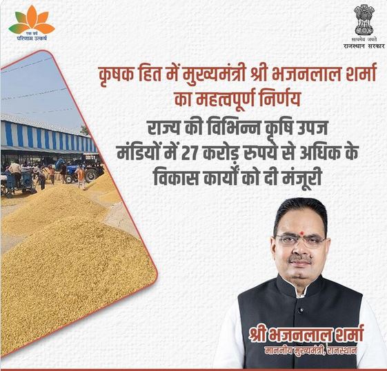 Several important decisions of Chief Minister Bhajan Lal Sharma in the interest of farmers, approval for development works in agricultural produce mandis of the state