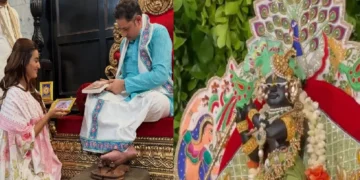Akshara Singh in the Kunj streets of Vrindavan, Radha Raman ji with narrator Pundarik Goswami