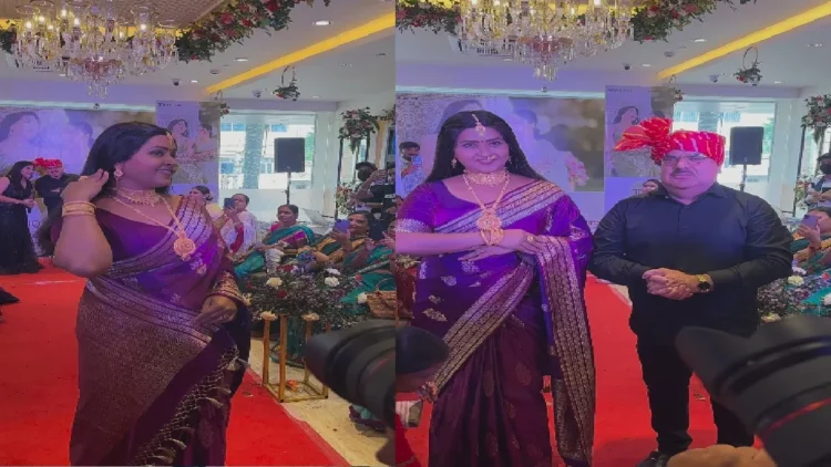 Kajal Raghwani wearing a porple saree and a lot of gold walked the ramp, crowded to see