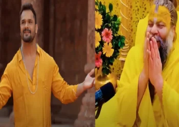 Khesari Lal Yadav wearing yellow chola, Rata Radhe Name, took care of Premanand Maharaj's devotion