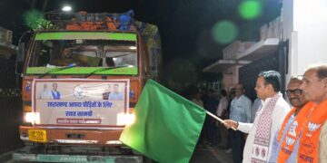 Chief Minister Bhajan Lal Sharma showed green signal to trucks of relief material for Uttarakhand flood affected