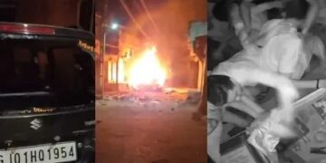 Gandhiinagar Violence | Clash over 'I love mahadev' poster, garba pandal and vehicles set on Fire | Gandhinagar: 'I Love Mahadev' poster created a ruckus! The miscreants set fire in garba pandals and vehicles. News Track in Hindi
