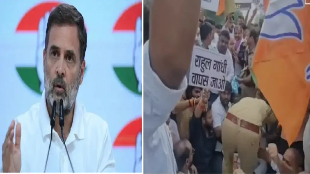 Protest Against Rahul Gandhi: Rahul Gandhi was strongly opposed as soon as he reached Rae Bareli, UP minister Dinesh Pratap Singh staged a sit-in with supporters on the highway, the convoy had to be stopped, rahul gandhi fier fierce opposition in Raebareli, UP Minister Dinesh Pratap Sit-In-In-In-In-In-In Highway with his supporters, The Convoy Had to Be Stopped