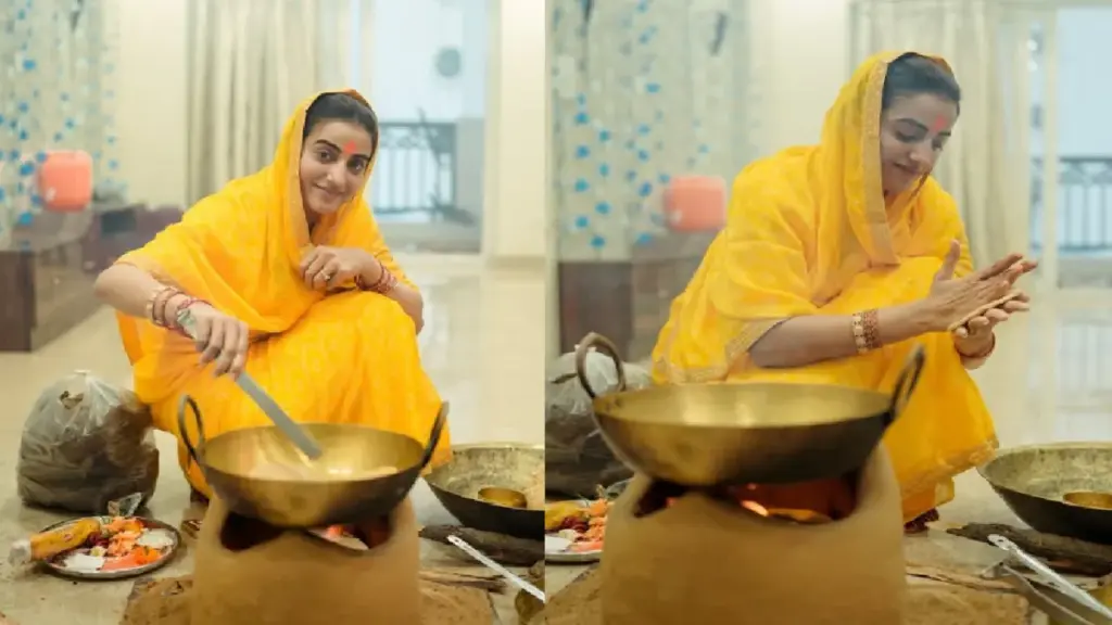 Akshara Singh shared pictures of Kharna, the actress was seen making Prasad on the earthen stove.