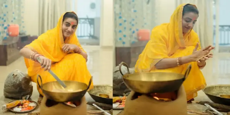 Akshara Singh shared pictures of Kharna, the actress was seen making Prasad on the earthen stove.