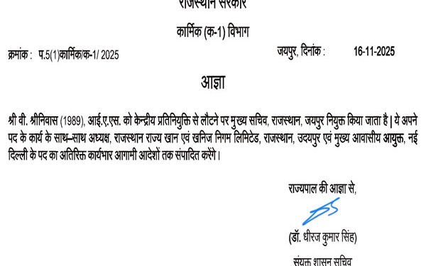 IAS V Srinivas appointed as new Chief Secretary of Rajasthan, see order here