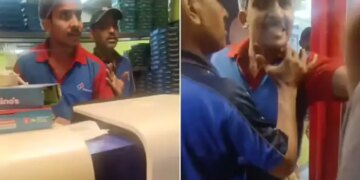 The worker was showing arrogance at the pizza counter, he got so angry at the customer's words that he came out and started fighting.