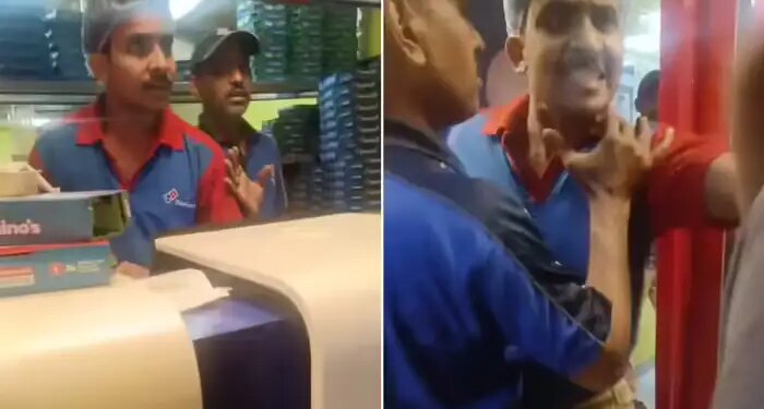 The worker was showing arrogance at the pizza counter, he got so angry at the customer's words that he came out and started fighting.