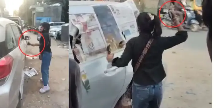 Wife angry with her husband created a ruckus on the road, broke all the glass of the car one by one, VIDEO goes viral