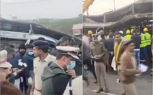 10 people died due to collision between bus and tanker, fire in Chitradurga, Karnataka.