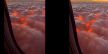 Above the sky, this is how sunset looks through the clouds, amazing view of nature captured on camera