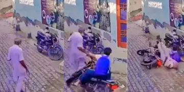 Uncle was passing through the street, suddenly the bike rider hit him from behind, see what happened next