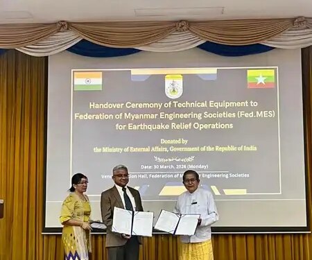 India hands over technical equipment to Myanmar to inspect earthquake affected buildings