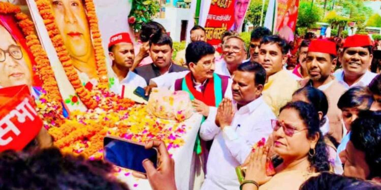 SP Baba Saheb Ambedkar Vahini celebrated the birth anniversary of Bahujan Samaj leader Kanshi Ram as PDA Day.