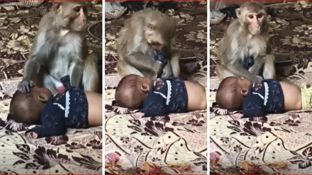Viral Video: Monkey considered 3-month-old baby as his own child, kept loving like humans for 90 minutes