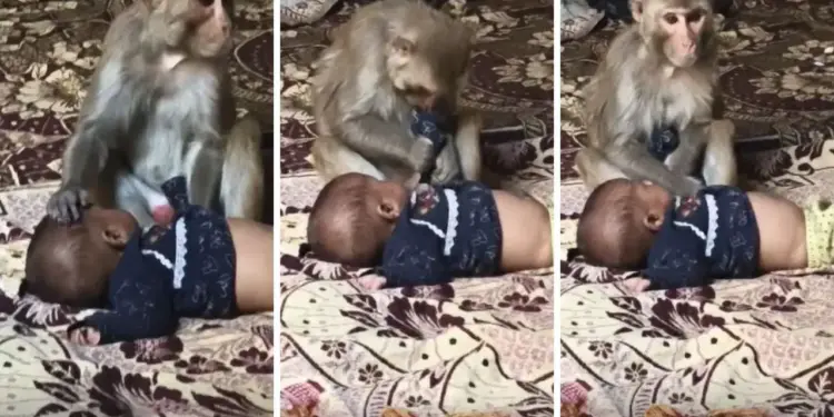 Viral Video: Monkey considered 3-month-old baby as his own child, kept loving like humans for 90 minutes