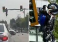 Road accident in Canada: Due to collision with car, bike bounces and hangs on traffic signal pole, video goes viral