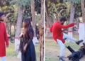 Muslim husband punches and kicks wife in park after she removes her hijab for a photo in the park