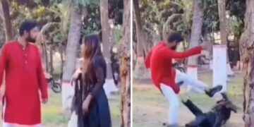 Muslim husband punches and kicks wife in park after she removes her hijab for a photo in the park