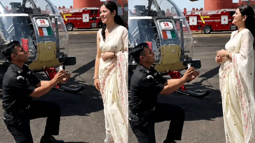 Viral Video: Army Captain proposed to his girlfriend by sitting on his knees in front of the helicopter, heart touching moment goes viral